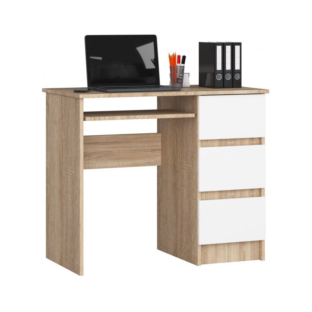 Birou cu 3 sertare Timeless Tools, suport pentru tastatura, 90x50x77 cm, Alb/Stejar