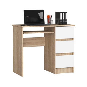 Birou cu 3 sertare Timeless Tools, suport pentru tastatura, 90x50x77 cm, Alb/Stejar Birou cu 3 sertare Timeless Tools, suport pentru tastatura, 90x50x77 cm, Alb/Stejar