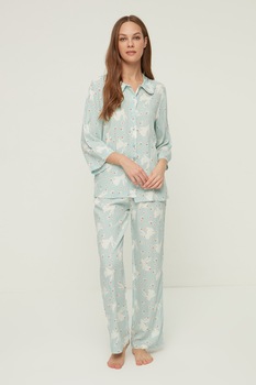 Trendyol - Флорална пижама с дизайн на зайче, Мента/бял/охра