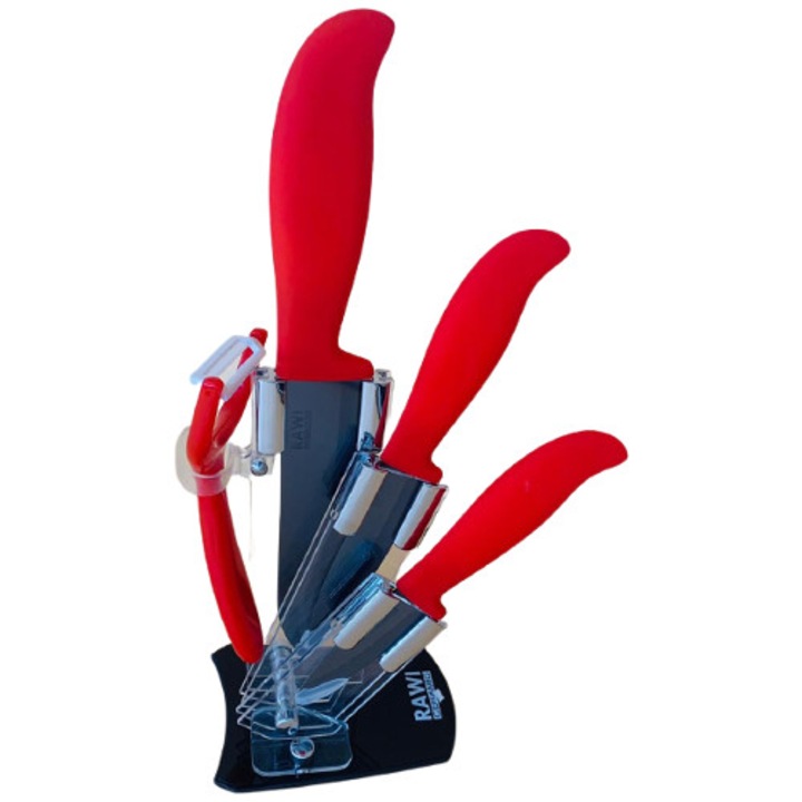 Set de 4 cutite Rawi, Inox, Rosu gri