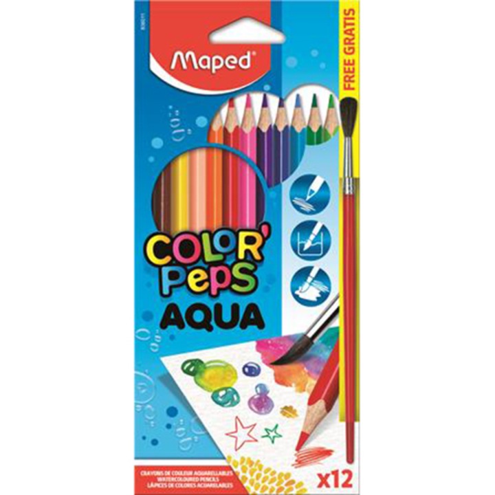 Maped Color`Peps akvarell ceruza készlet, háromszögletű, ecsettel, 12 különböző szín