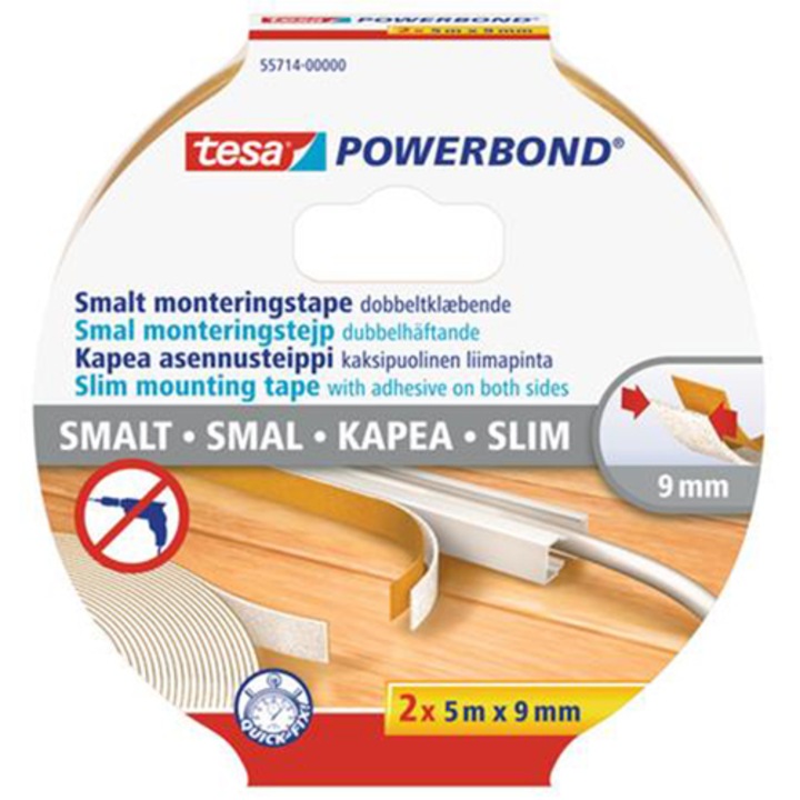 Монтажна лента Tesa Powerbond, тясна, 2 x 9 mm x 5 m