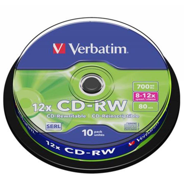 Verbatim CD-RW lemez, újraírható, SERL, 700MB, 8-10x, 10 db hengeren