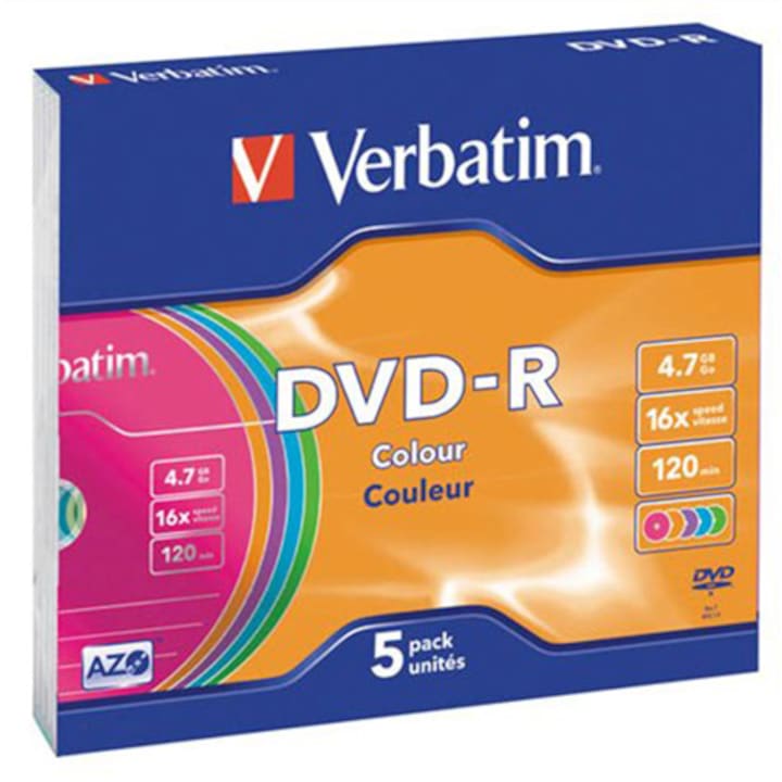 Verbatim DVD-R lemez, színes felület, AZO, 4,7GB, 16x, 5 db vékony tokban