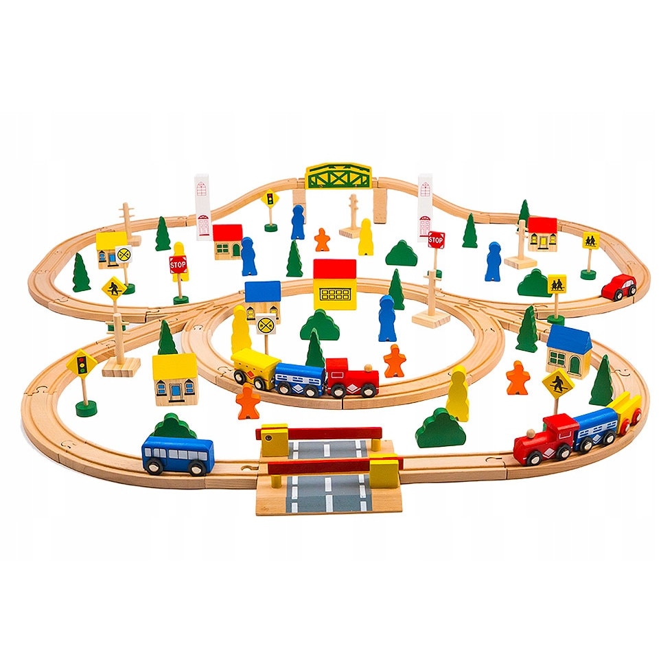 Set circuit din lemn, Zola®, oraselul vesel, 100 elemente, 100x105x11 cm