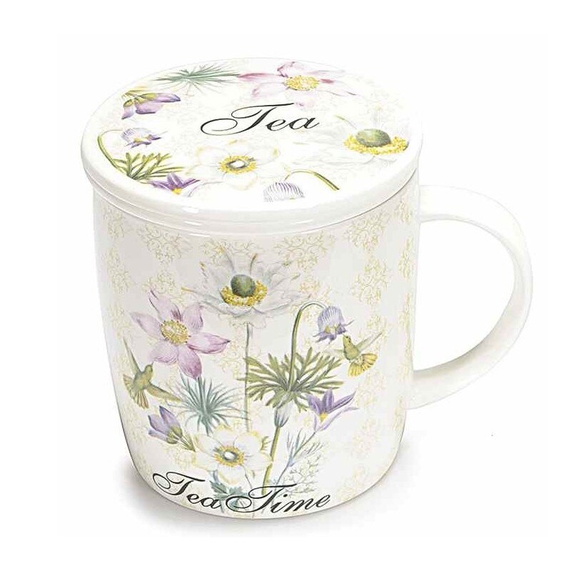 Cana cu capac si infuzor din ceramica alba Tea 9x10 cm
