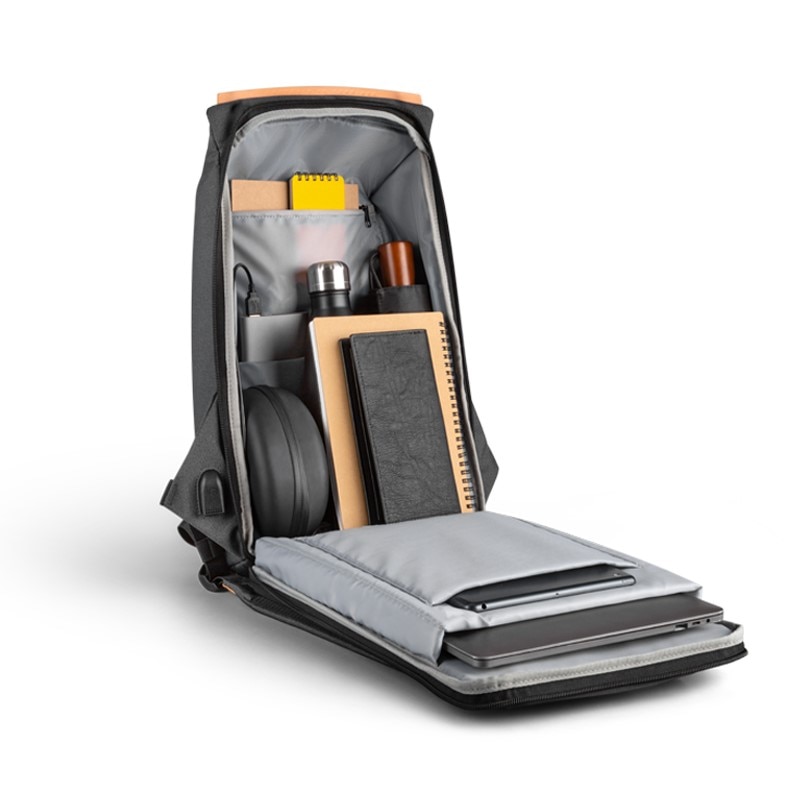 Rucsac laptop 15.6", cu port de incarcare USB, fermoar ascuns si deschidere la 180 grade, Kingsons, 45x29x15 cm, Gri deschis