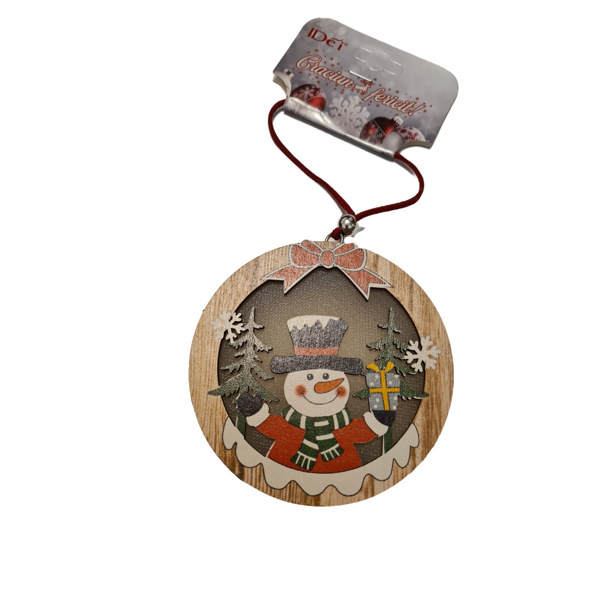 Decoratiune Brad Craciun din Lemn, Rotunda, Luminoasa, cu Figurina Om de Zapada, 20x2 cm, Multicolor