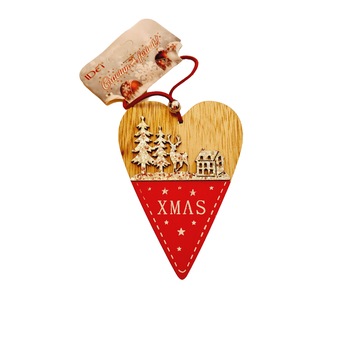 Decoratiune Brad Craciun din Lemn si Material Textil, cu Figurina Ren in Padure, Forma Inima, 22 cm, Rosu Argintiu Decoratiune Brad Craciun din Lemn si Material Textil, cu Figurina Ren in Padure, Forma Inima, 22 cm, Rosu Argintiu