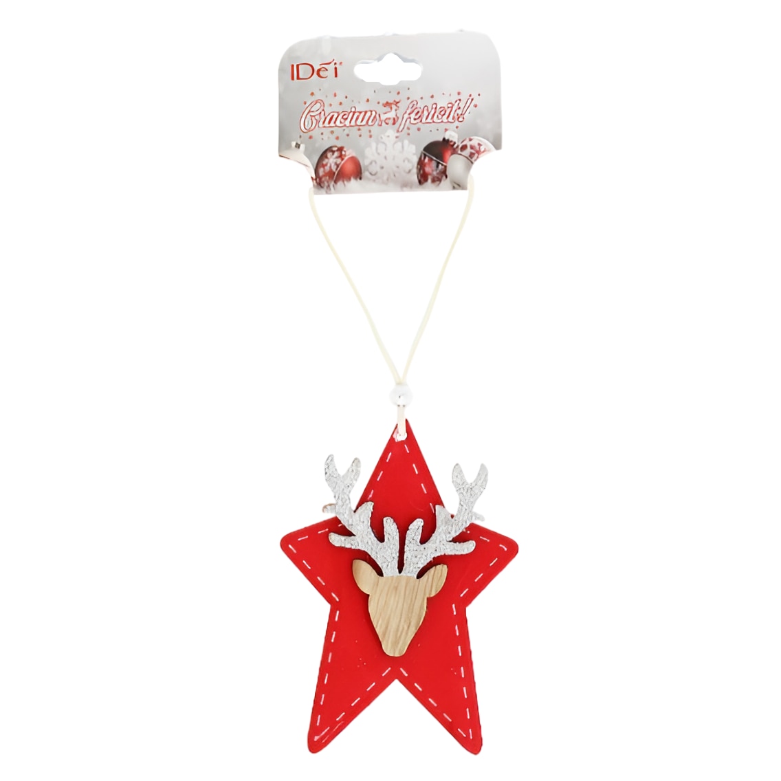 Decoratiune Brad Craciun din Lemn, cu Figurina Ren, Pe Suport Textil Forma Stea, 22 cm, Rosu Argintiu