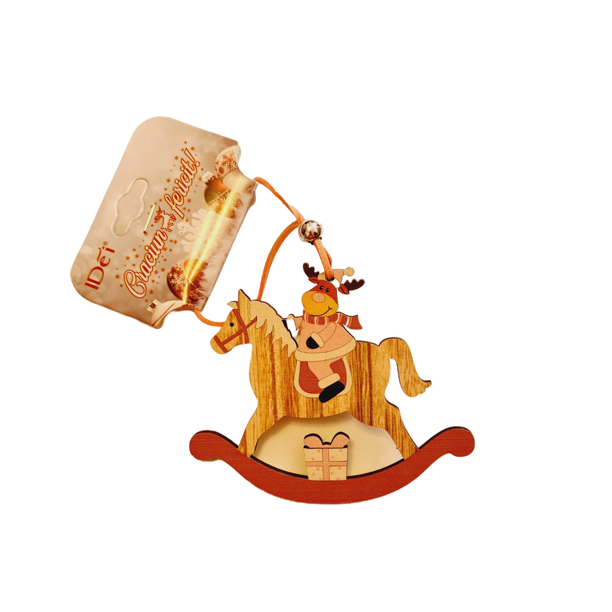 Decoratiune Brad Craciun Calut Carusel Roz, Din Lemn, cu Figurina Ren, 10x20 cm, Multicolor