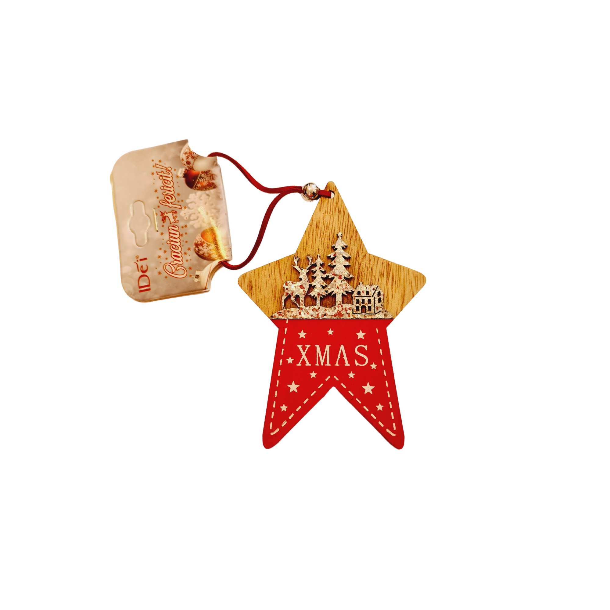 Decoratiune Brad Craciun din Lemn si Material Textil, cu Figurina Ren in Padure, Forma Stea, 22 cm, Rosu Argintiu
