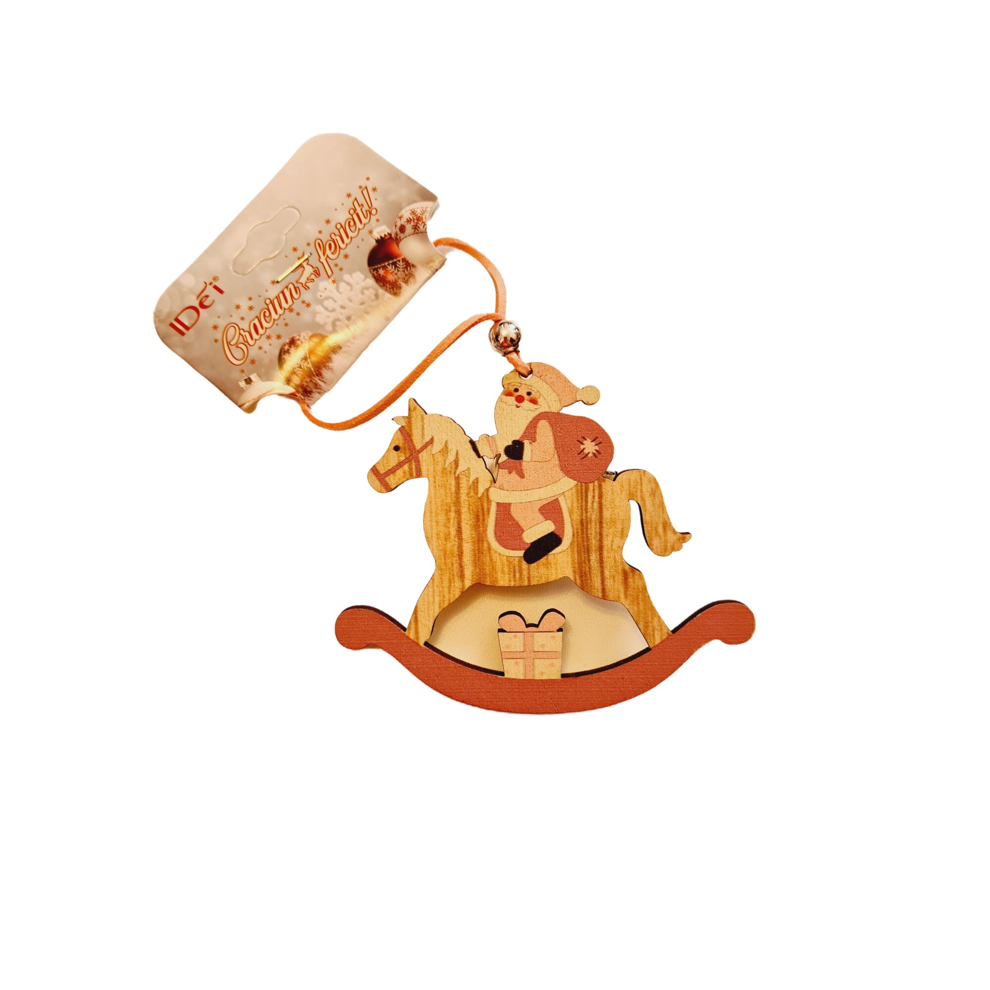 Decoratiune Brad Craciun Calut Carusel Roz, Din Lemn, cu Figurina Mos Craciun, 10x20 cm, Multicolor
