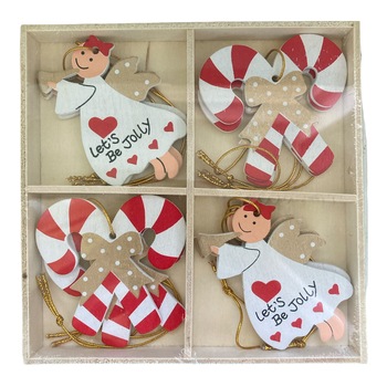 Set 8 bucati ornamente brad Craciun din lemn, alb si rosu, inger si bastonase, 10x10 cm Set 8 bucati ornamente brad Craciun din lemn, alb si rosu, inger si bastonase, 10x10 cm