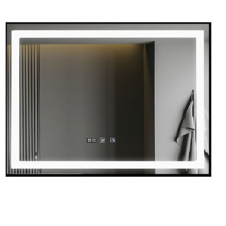 Tükör, Led és Touch páramentesítő és óra funkcióval, J17, Smack, matt fekete keret, 100/65 cm