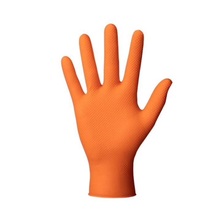 Set 50 bucati Manusi Mercator PowerGrip, Nitril, groase si rezistente, textura diamant, protectie la substante chimice, portocaliu, marimea XXL