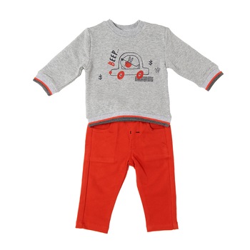 Set 2 piese Babybol baiat, tricou polo si pantalon scurt , bumbac, imprimeu pesti, alb/rosu, Caramiziu/Gri Set 2 piese Babybol baiat, tricou polo si pantalon scurt , bumbac, imprimeu pesti, alb/rosu, Caramiziu/Gri