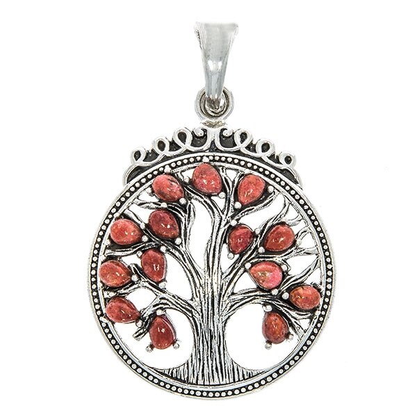 Pandantiv Argint Antichizat Rotund cu Copacul Vietii si Pietre Naturale de Coral 5.7 x 3.6cm