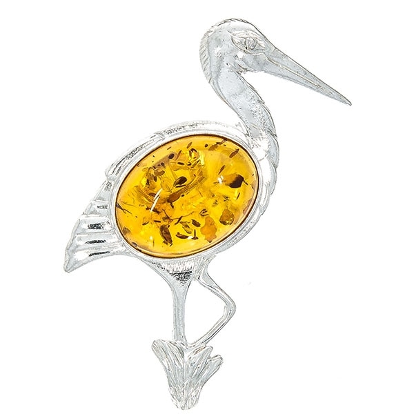 Brosa Argint in Forma de Barza cu Chihlimbar 3.7 x 2.7cm, piatra: 1.2 x 1cm