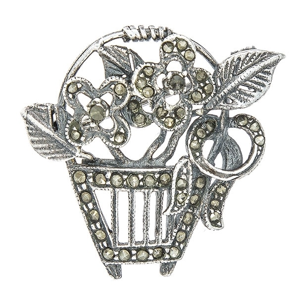 Brosa Argint Antichizat Model Floral cu Cristale de Marcasita 2.6 x 2.8cm