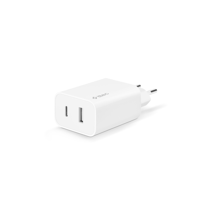 Адаптер ttec, 220V, SmartCharger, Duo USB-C+USB-A Travel Charger, 2.4 A, Бял