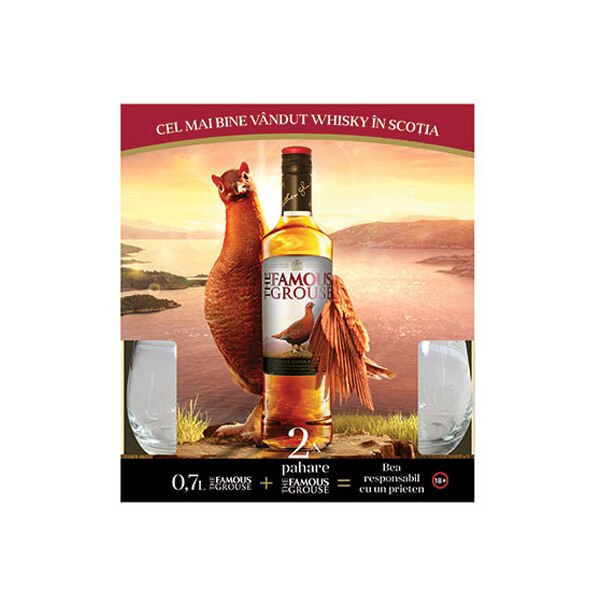 Pachet Whisky Famous Grouse, 0.7l + 2 pahare