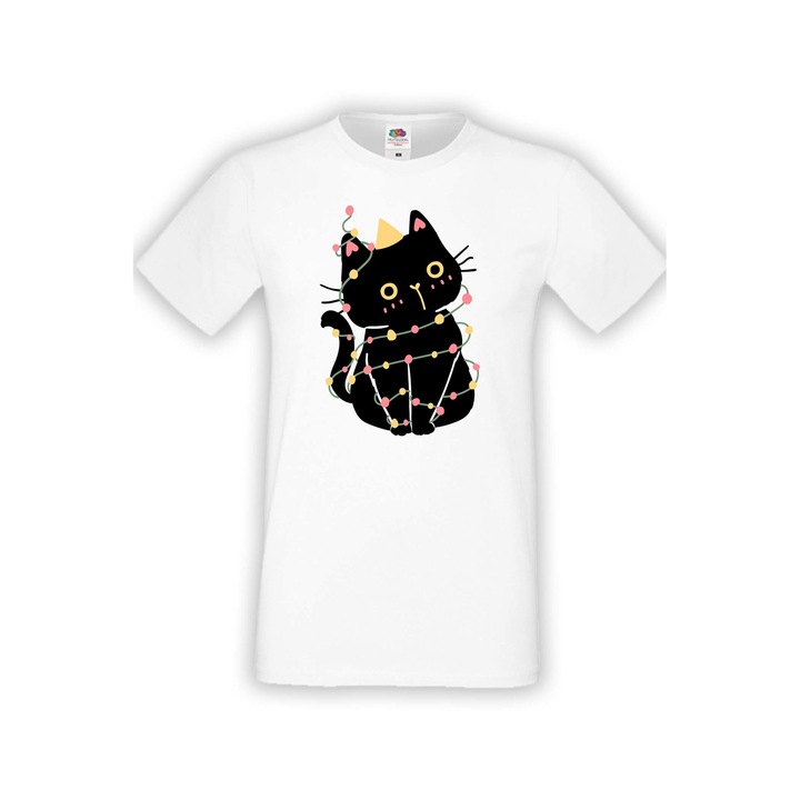 Tricou de Craciun pentru barbati Tralala Black Cat Xmas Tree, Alb, 2XL