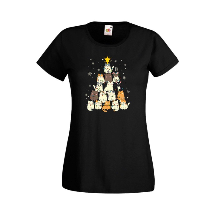 Tricou dama, TraLaLa, Bumbac, Cat Xmas Tree 1, Negru, XS