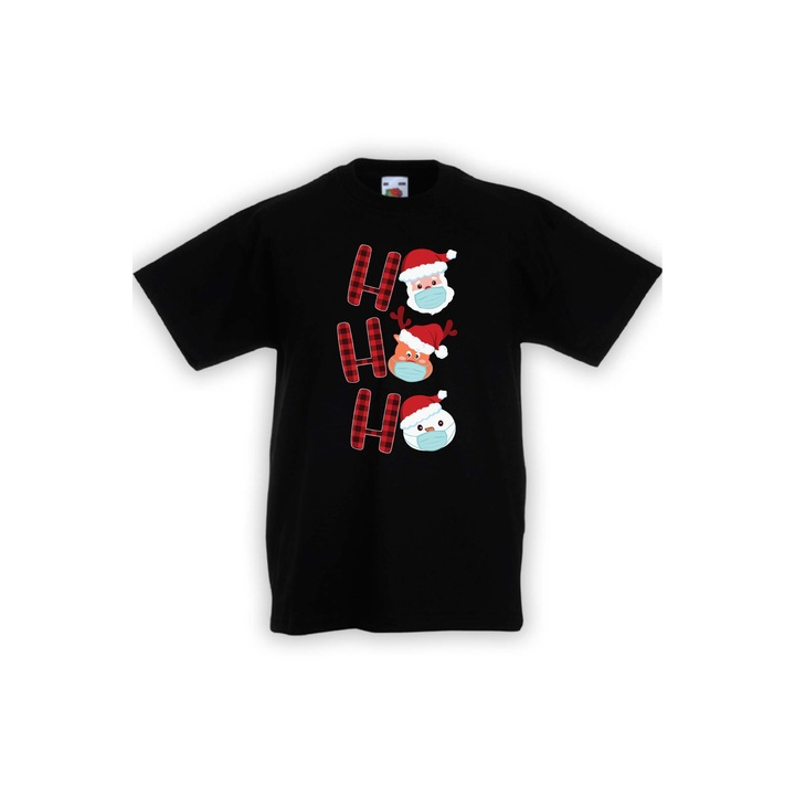 Tricou copii, TraLaLa, Bumbac, Sora/Frate HO HO HO Mascat Mos Craciun Om de Zapada, Negru, L, 9-11 ani (140-152)