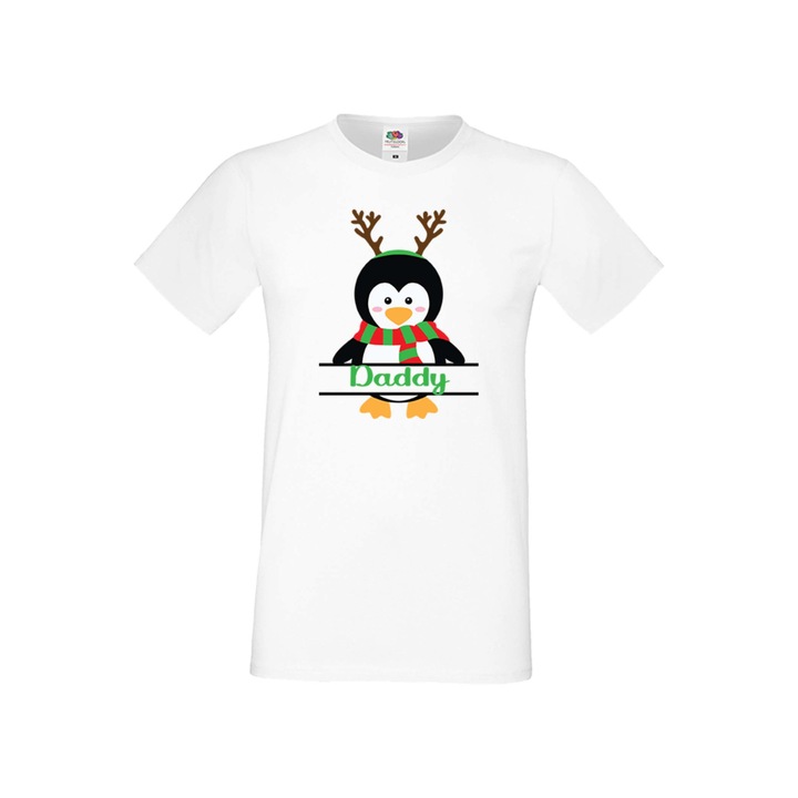 Tricou de Craciun pentru barbati, Tralala, Bumbac, Penguin Family Daddy, Alb, 5XL