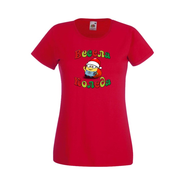 Tricou dama, TraLaLa, Bumbac, Merry Christmas Minion, Rosu, M