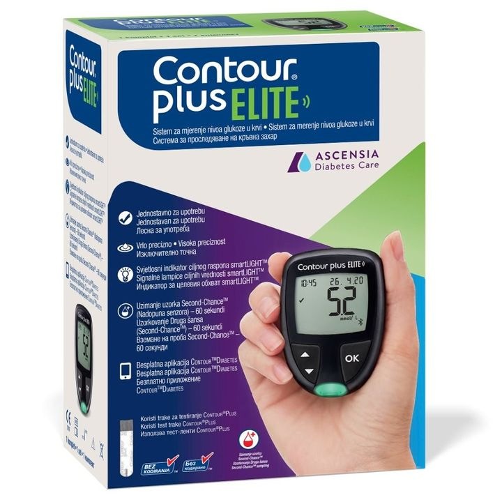 Глюкомер апарат за измерване на кръвна захар Ascensia Diabetes Care Contour plus ELITE, комплект с убождащо устройство,5 тест ленти,5 ланцети и калъф