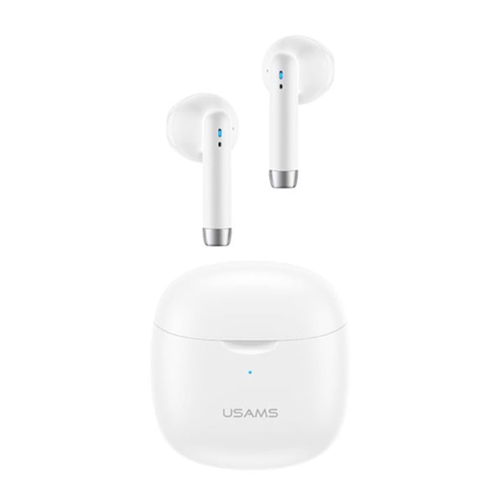 USAMS IA04 bluetooth SZTEREO fülhallgató, v5.0, TWS, mikrofon, zenehallgatáshoz ajánlott + töltőtok, fehér