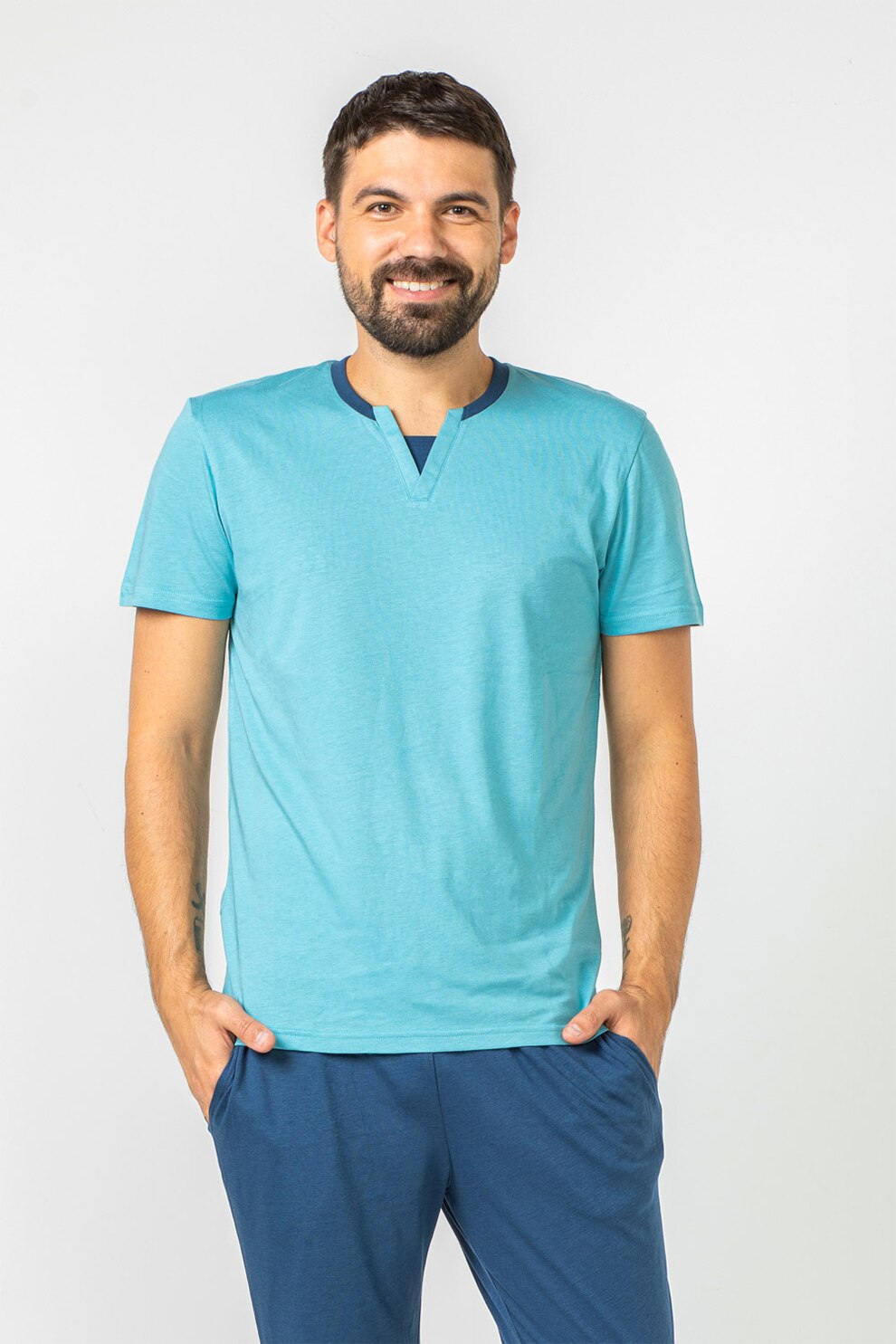 Soft & Seven BY SOFIAMAN, Pijama din bumbac si bambus cu maneci scurte, Albastru aqua/Albastru inchis