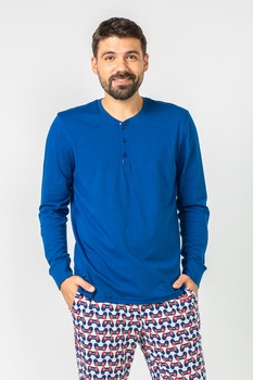 Soft & Seven BY SOFIAMAN, Pijama din bumbac cu fenta scurta cu nasturi, Albastru inchis/Alb/Rosu Soft & Seven BY SOFIAMAN, Pijama din bumbac cu fenta scurta cu nasturi, Albastru inchis/Alb/Rosu