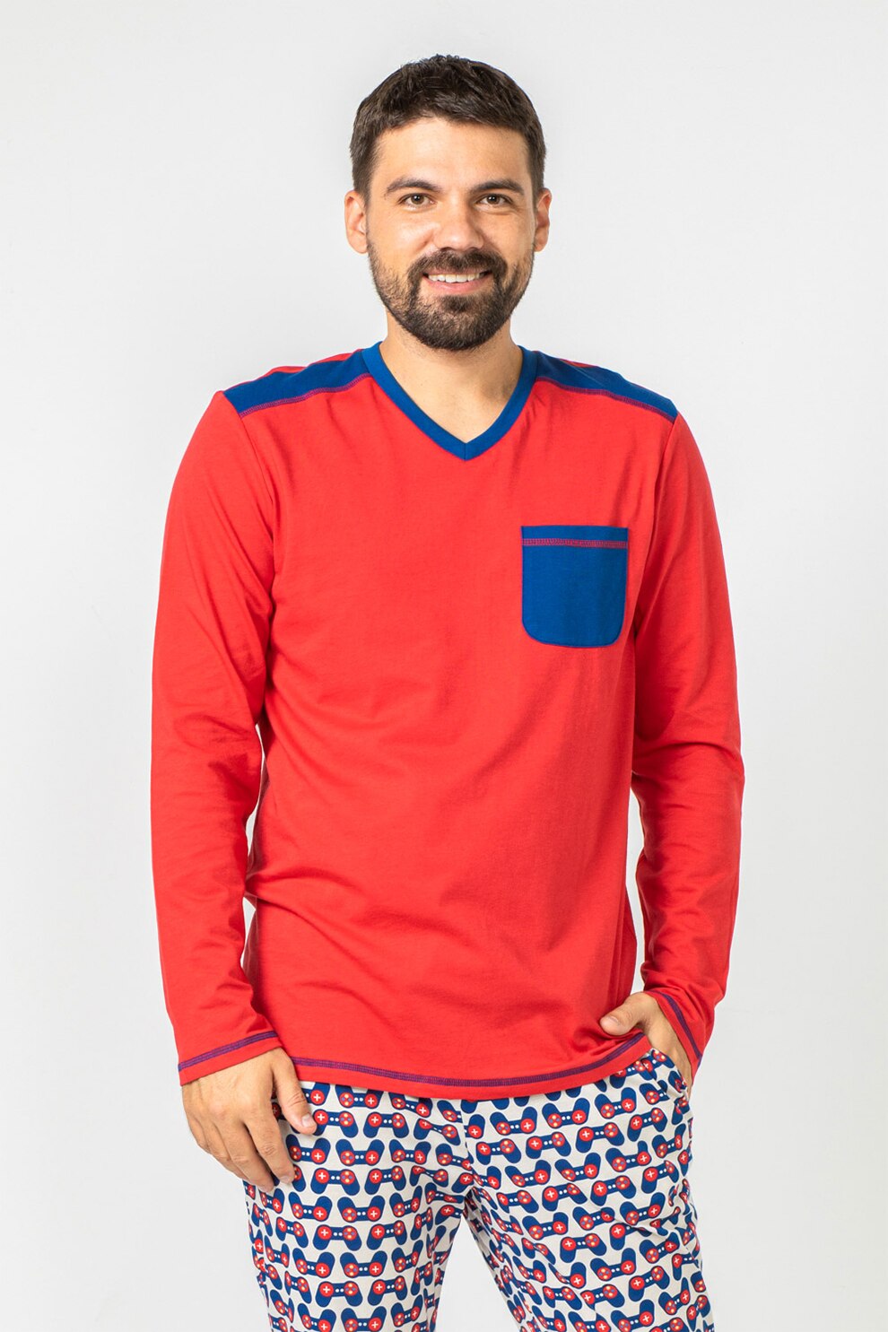 Soft & Seven BY SOFIAMAN, Pijama din bumbac cu decolteu in V, Rosu/Albastru inchis/Alb