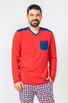 Soft & Seven BY SOFIAMAN, Pijama din bumbac cu decolteu in V, Rosu/Albastru inchis/Alb Soft & Seven BY SOFIAMAN, Pijama din bumbac cu decolteu in V, Rosu/Albastru inchis/Alb