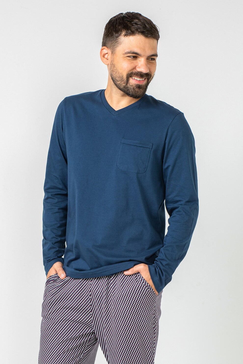 Soft & Seven BY SOFIAMAN, Pijama din bumbac cu decolteu in V, Albastru petrol/Alb, M