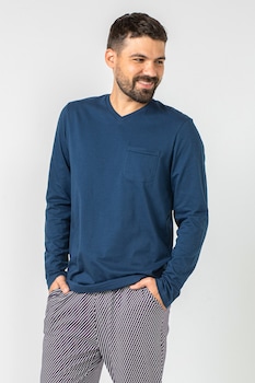 Soft & Seven BY SOFIAMAN, Pijama din bumbac cu decolteu in V, Albastru petrol/Alb, M Soft & Seven BY SOFIAMAN, Pijama din bumbac cu decolteu in V, Albastru petrol/Alb, M
