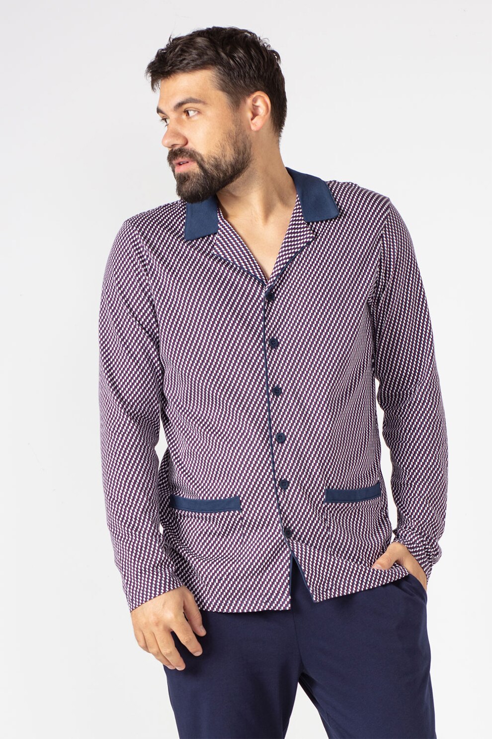 Soft & Seven BY SOFIAMAN, Pijama cu imprimeu si buzunare, Albastru indigo/Alb, S