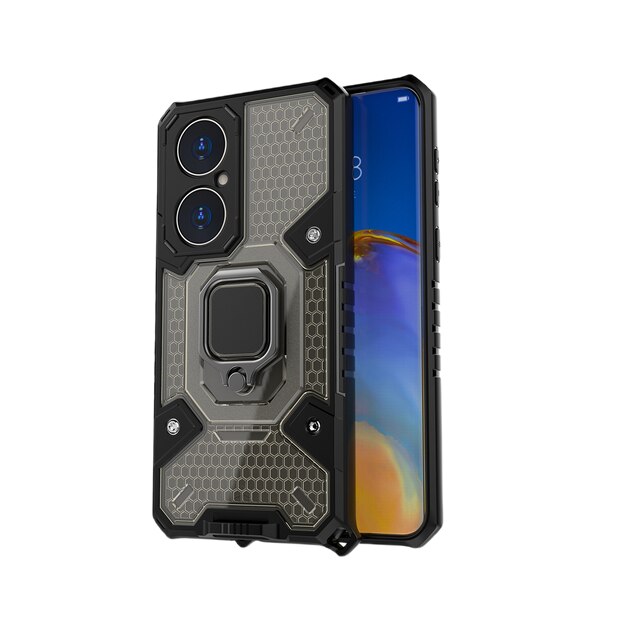 Husa de protectie cu inel pentru Huawei P50 Pro, Honeycomb Armor, Negru Transparent, KOF-BBL3661
