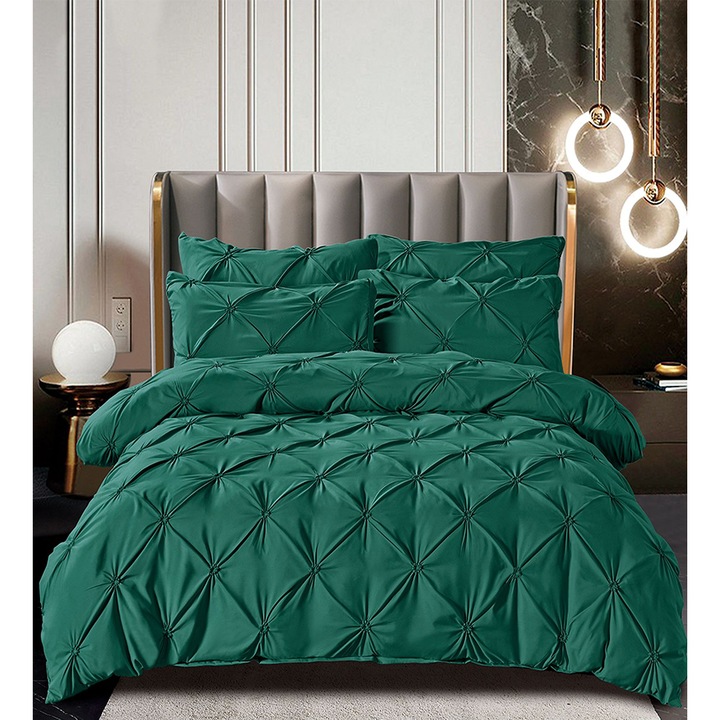 Set lenjerie de pat, din bumbac finet, uni, 6 piese, pat 2 persoane, 200x210 cm, verde inchis, FNJS-38