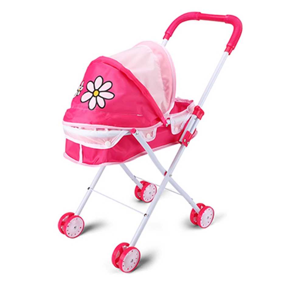 Carucior pliabil cu structura metalica pentru papusi, alb/roz si model floricele