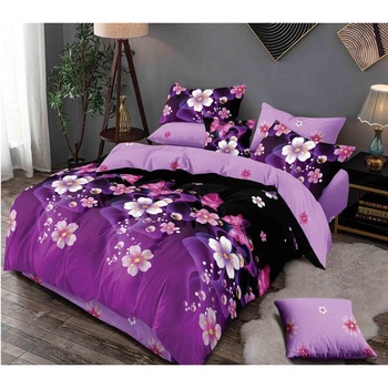 Lenjerie Pat Dublu, 6 Piese , Mov cu Flori, Bumbac-Finet, SEP02 Lenjerie Pat Dublu, 6 Piese , Mov cu Flori, Bumbac-Finet, SEP02