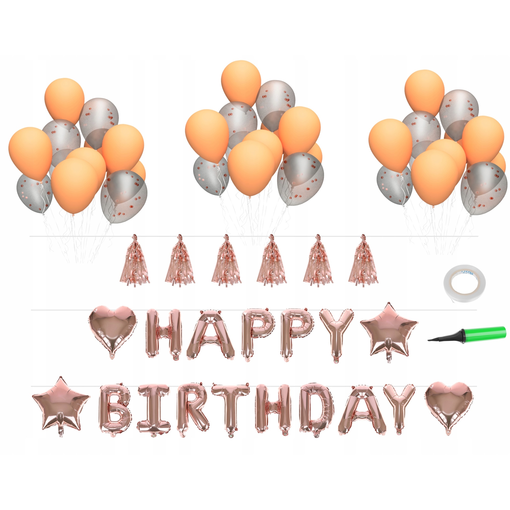 Set baloane aniversare, Zola®, 41 articole, Happy Birthday, pompa, baloane confetii si pompoane , roz, 30 cm