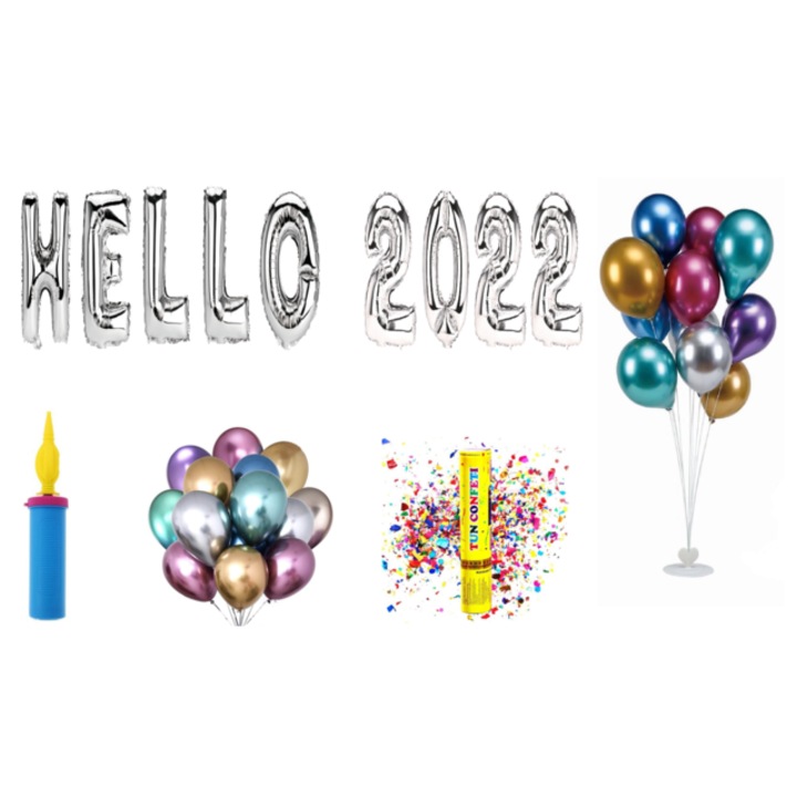 Hello 2022 lufi szett, tortalap, 70 db, ezüst