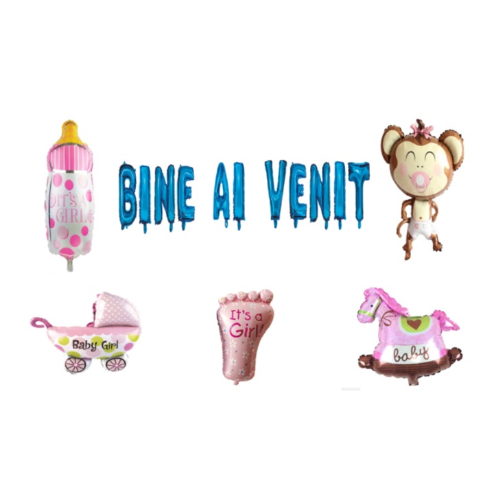 Üdvözlő lufi szett, Lányoknak, tortafeltét, 18 db, kék