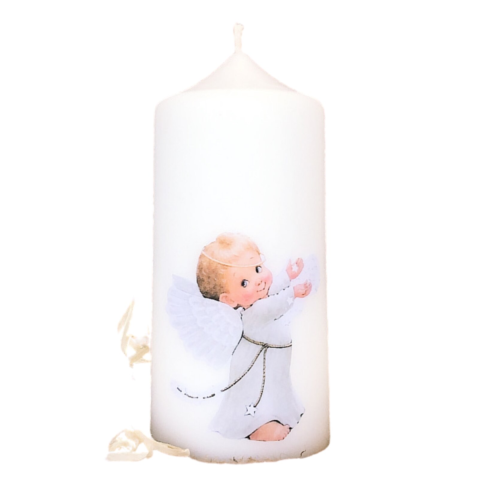 Lumanare cilindru alba cu model Ingeras 13cm