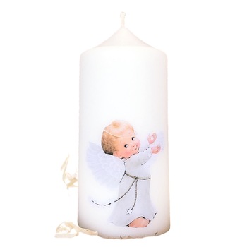 Lumanare cilindru alba cu model Ingeras 13cm Lumanare cilindru alba cu model Ingeras 13cm