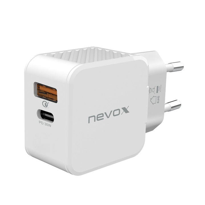 Gyorstöltés 30 W-os NEVOX töltő, USB-C tápellátás + USB Qualcomm Quick Charge 3.0, fehér